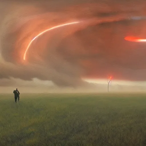 Image similar to a tornado in a field by Adam Wyeth, stormy weather, extremely detailed masterpiece, oil on canvas, low-key neon lighting, artstation, Blade Runner 2049, Roger Deakin’s cinematography, by J. C. Leyendecker and Peter Paul Rubens,