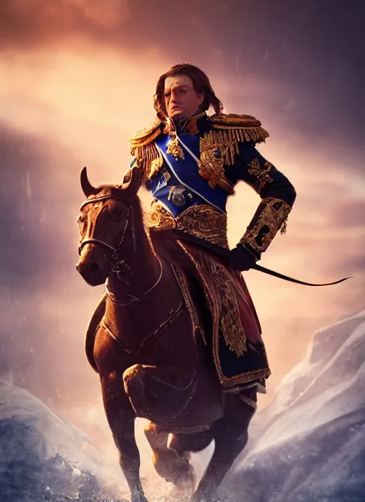 Image similar to zelensky as emperor napoleon in elden ring, splash art, movie still, cinematic lighting, dramatic, octane render, long lens, shallow depth of field, bokeh, anamorphic lens flare, 8 k, hyper detailed, 3 5 mm film grain