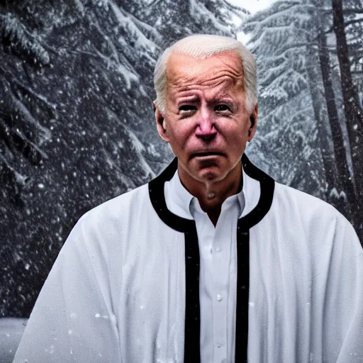 Prompt: professional photograph of angry Joe Biden with white paint on his face and wearing dark robes standing in a snowy forest, 8k, highly intricate, highly detailed,