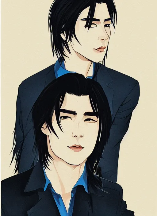 Image similar to portrait illustration by yoji shinakawa, handsome male vampire, focus on face, pretty, long black hair, dark blue shirt, light brown coat