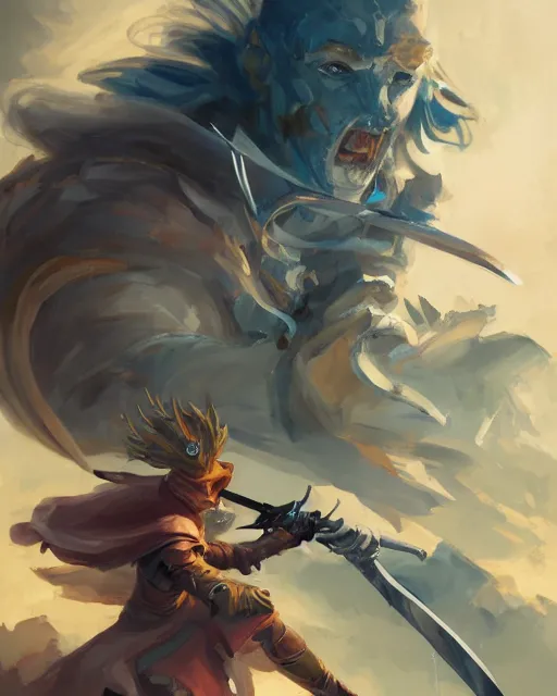 Image similar to action portrait of a magic knight fighting while casting spells with his swords, 4K trending on artstation by peter mohrbacher