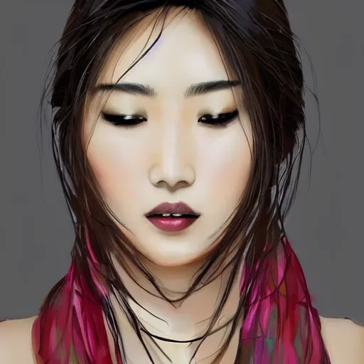 Prompt: the most beautiful asian woman with a flowing scarf coming from her neck who is thin and tall and digitally painted n6