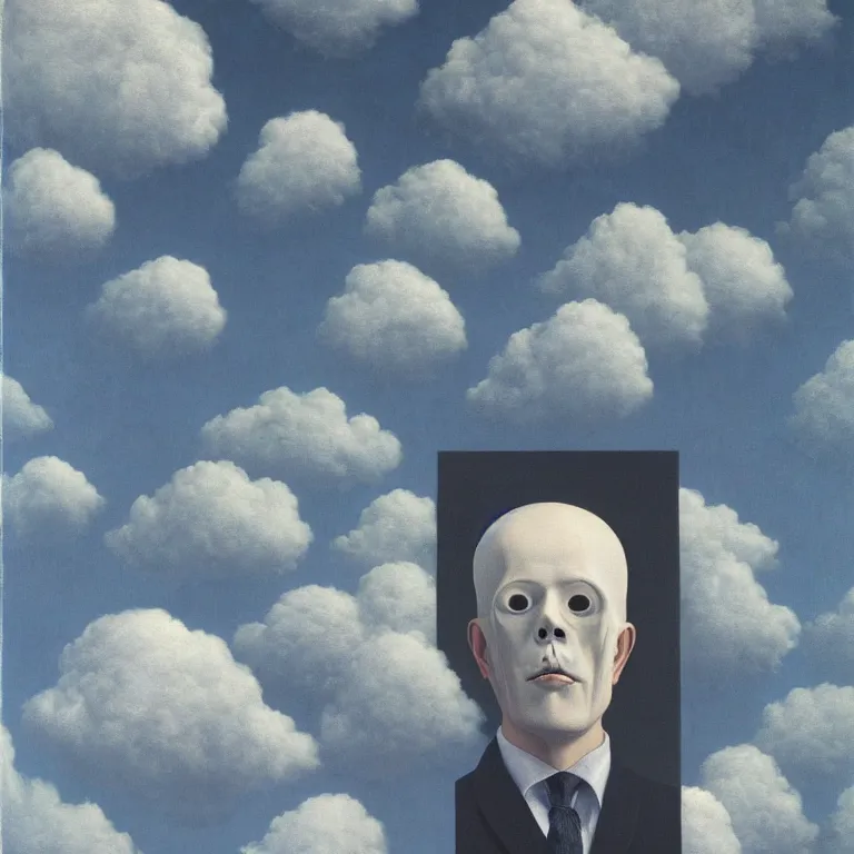 Image similar to portrait of a scary creepy ghost death, clouds in the background, by rene magritte, detailed painting, distance, middle centered, hd, hq, high resolution, high detail, 4 k, 8 k