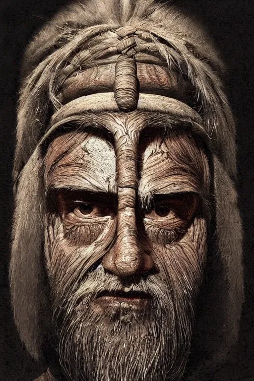 Prompt: portrait, headshot, digital painting, an old bearded shaman in slavic angular carved wood mask, realistic, hyperdetailed, chiaroscuro, concept art, art by frans hals