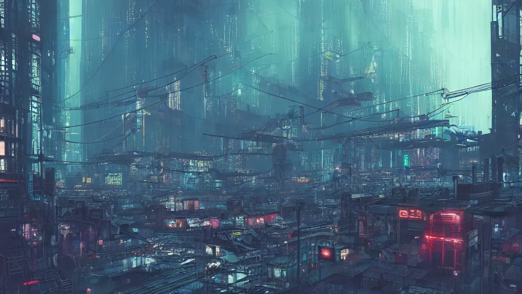 Prompt: cyberpunk industrial site. cyberpunk factories. cyberpunk city backdrop. night time. blade runner. rain. rail tracks. cyberpunk industrial area. digital render. digital painting. cyril roland. ross tran. trending on artstation