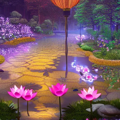 Image similar to photorealistic beautiful lotus blossom forest at dusk with paper lanterns illuminating a cobblestone pathway. hyperdetailed photorealism, 1 0 8 megapixels, koi pond, amazing depth, glowing rich colors, powerful imagery, psychedelic overtones, 3 d finalrender, 3 d shading, cinematic lighting, artstation concept art