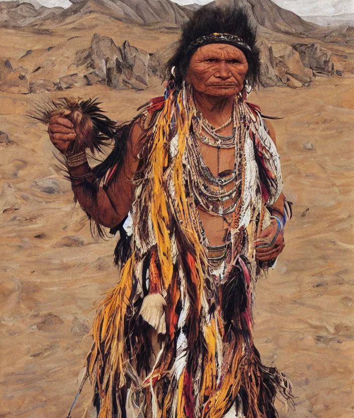 Image similar to full body shot picture of indigenous people woman leader in desert, painted by lucian freud, hd, super detailed, realistic, muted colors