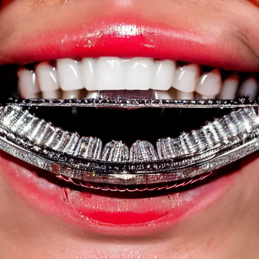 Prompt: close up fisheye lens vvs Diamond grills in a mouth full of blood, grills made by Johnny Dang in Houston