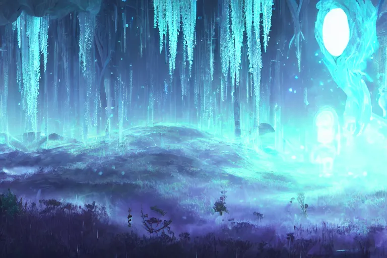 Image similar to scenery artwork, scene beautiful, light essence bioluminescent acrylic and cold nier automata pixiv scenery artwork : nature dream wire vegetation magic density infinite, hypersigil astrology macro seminal dream points of frozen imaginative vaporwave juice fluid dream scenery, high quality astral projection renders, nier automata, concept art