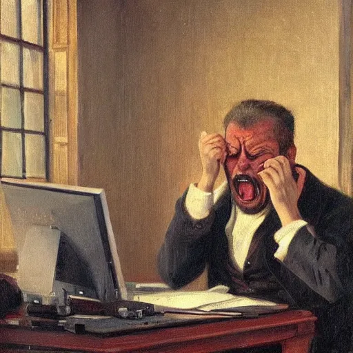 Image similar to an angry man yells at his computer monitor, oil on canvas, 1 8 8 3, highly detailed