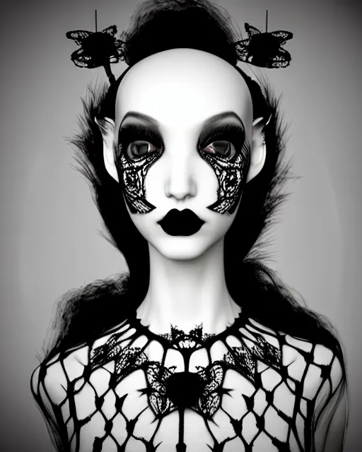 Image similar to dreamy surreal poetic black and white 3D render of a beautiful young porcelain female-creature-cyborg-vegetal with a very long neck and a super big gothic web lace collar filled with small dead flies and a very high big floral crown with many black dry roses:: smoke, high fashion, haute couture, rococo, avant-garde, elegant, dreamy, hyper realistic, 150 mm lens, soft rim light, octane render, unreal engine, volumetric lighting, dramatic light,8k,