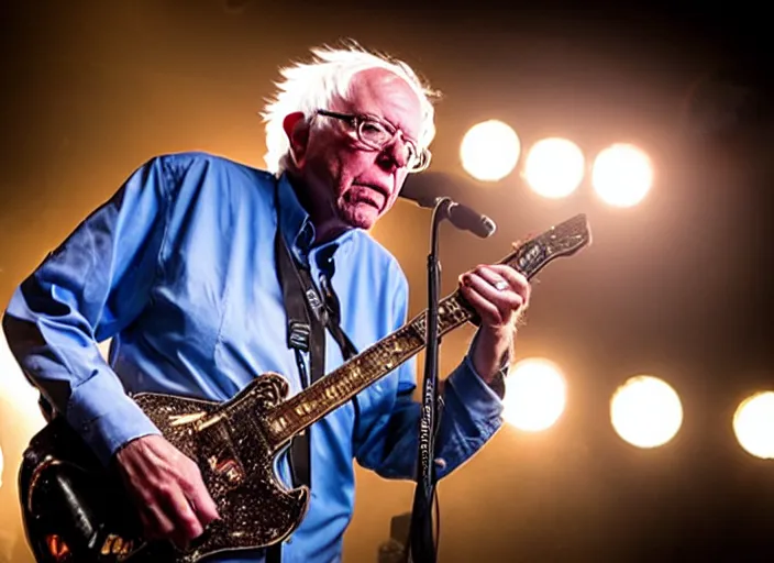 Prompt: publicity photo still of bernie sanders in a punk band playing live on stage, 8 k, live concert lighting, mid shot