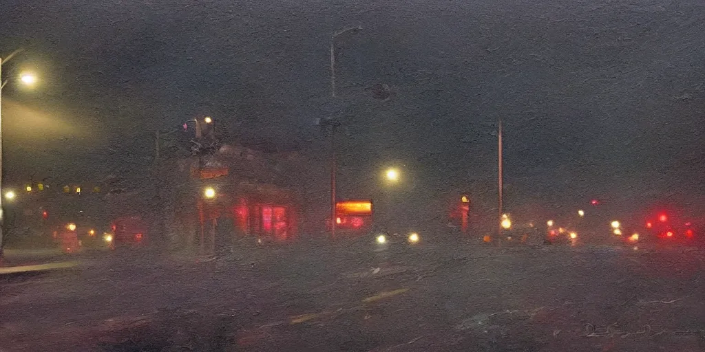 Image similar to painterly, messy, ominous! landscape of north bend, washington main street, dark, lonely!! stop light glowing, twin peaks, 'lone dark figure'!!