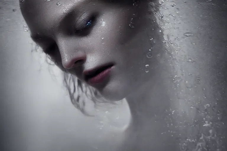 Image similar to an ultra realistic, cinematic, fantasy, portrait, of a woman, face in water, dramatic, soft light, dreamy, facial features, stood in a cell, with prison clothing, detailed, deep focus, movie still, dramatic lighting, ray tracing, by michal karcz and yoshitaka amano