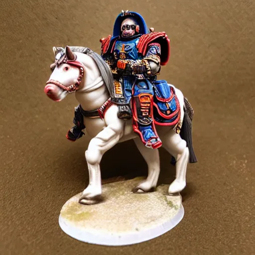 Prompt: 8 0 mm resin detailed miniature of a warhammer 4 0 k space marine riding a horse, product introduction photos, 4 k, full body, hyper detailed,