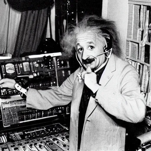 Prompt: photo of albert einstein as a dj behind the dj decks in the club with headphones on and in a cool pose