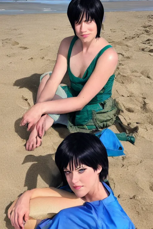 Image similar to a full - length photo of real life toph from avatar sitting on a beach