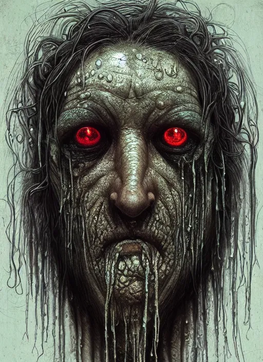 Prompt: portrait of a old underwater fish man hybrid with long wet tattered tangles of thinning black hair, eerie glowing eyes, wall hanging trophy taxidermy, hyper realistic head, fantasy art, in the style of greg rutkowski, zdizslaw beksinski, intricate, alphonse mucha, hyper detailed, smooth