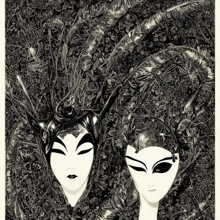 Prompt: a black reflective alien geisha mask by h. r. geiger, pulp science fiction art for omni magazine. decorated with ornate filigree and foliage. high contrast.