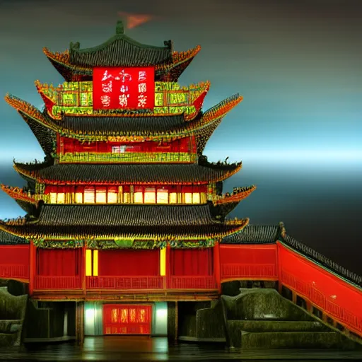 Prompt: a magnificent Chinese castle in the night sky above ocean, sense of awe, breathtaking, extremely detailed, concept art, environment concept, Rendered in Octane, trending on artstation, cgsociety, moody lighting rendered by octane engine, environment 8K artstation, cinematic lighting, intricate details, 4k detail post processing, hyperealistic, photo realism