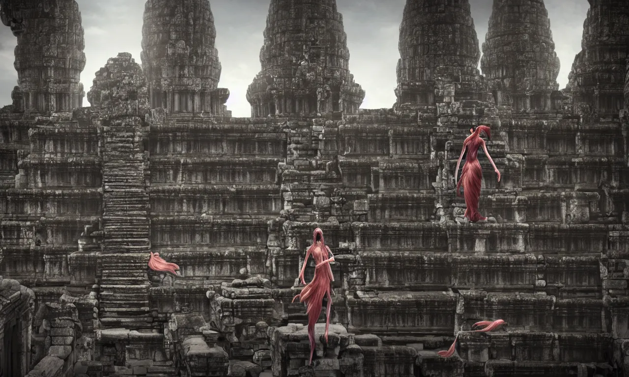 Prompt: by nadezda and david stoupakis, visually stunning, cinematic, ultra realistic, hyper realism, 1 2 k, epic, octane render, unreal engine, vfx, maya, xenomorph - temple angkor wat