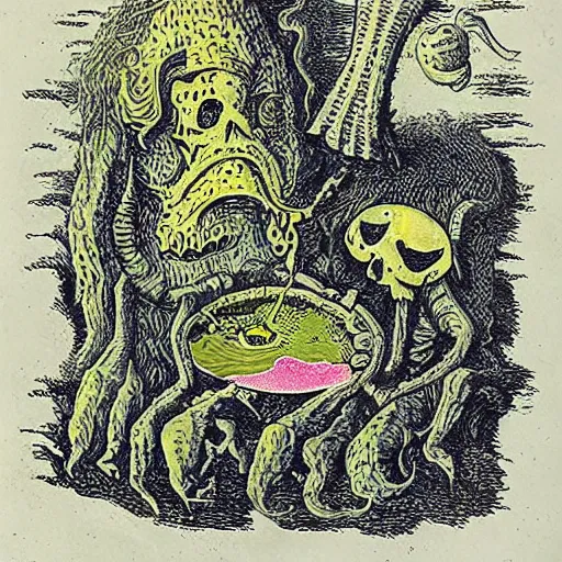 Image similar to uncanny monsters of the imagination in a surreal risograph alchemical manuscript