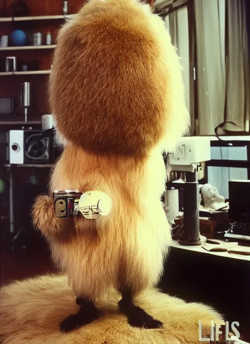 Image similar to realistic photo of a a hairy furry fluffy birdman, very long beak, in a living room sci - fi laboratory with many wooden gadgets made of wood interior is made of wood 1 9 9 0, life magazine reportage photo, natural colors