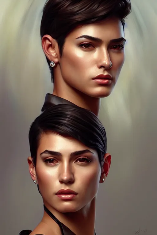 Prompt: photorealistic portrait of a young butch latina professional woman, handsome, female, masculine, upper body, fantasy, fierce, sharp features, intricate, elegant, highly detailed, digital painting, artstation, concept art, matte, sharp focus, illustration, art by artgerm and greg rutkowski and alphonse mucha