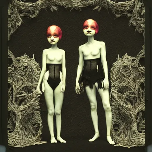 Image similar to polaroid photo :: creepy twins, black background:: by Martine Johanna and Simon Stålenhag and Chie Yoshii and Casey Weldon and Guillermo del toro :: ornate, dynamic, particulate, intricate, elegant, highly detailed, centered, artstation, smooth, sharp focus, octane render, 3d