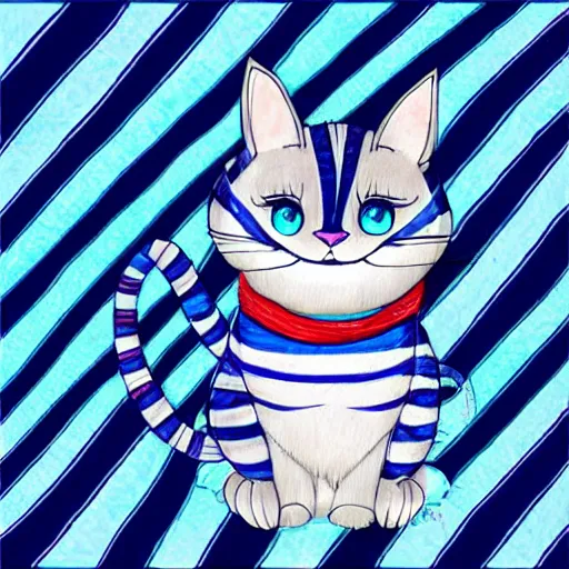 Image similar to cute blue striped cheshire cat. an adorable cat with light blue stripes, blue eyes and a big mischievous smile. award - winning digital art by mona sundberg