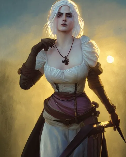 Image similar to Pre-Raphaelite Ciri from Witcher 3 by Artgerm and Greg Rutkowski, sunrise, backlit, wearing haute couture by schiaparelli, sharp focus, sun rays, full body, intricate, elegant, highly detailed, digital painting, pale