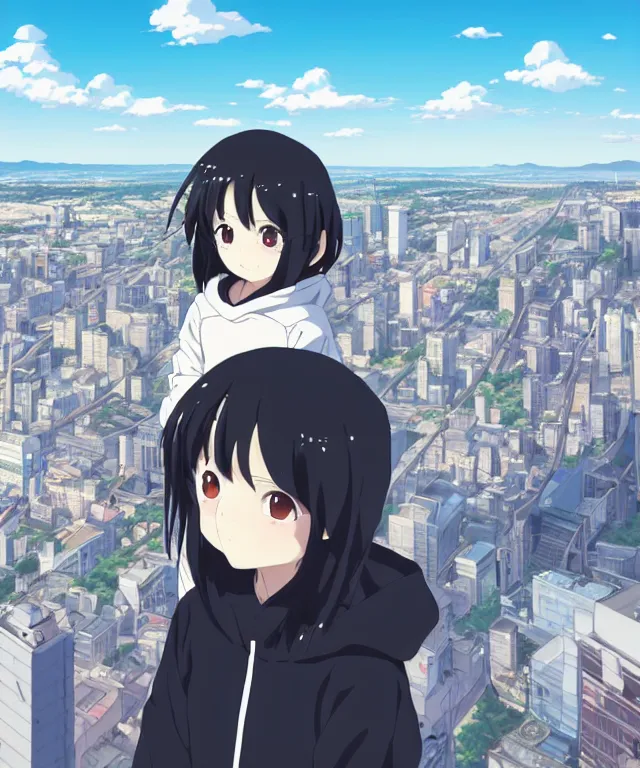 Image similar to anime visual, portrait of a young black haired girl wearing hoodie sightseeing above the city, guardrail, cute face by yoh yoshinari, katsura masakazu, dramatic lighting, dynamic pose, dynamic perspective, strong silhouette, ilya kuvshinov, anime cels, 1 8 mm lens, fstop of 8, rounded eyes, moody, detailed facial features
