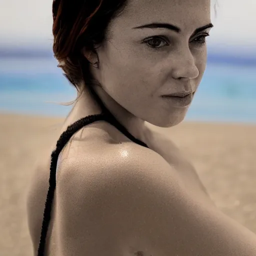 Prompt: realistic portrait of a beautiful woman in the beach, stunning akt photograph, very detailed, hd, 8k, 4k