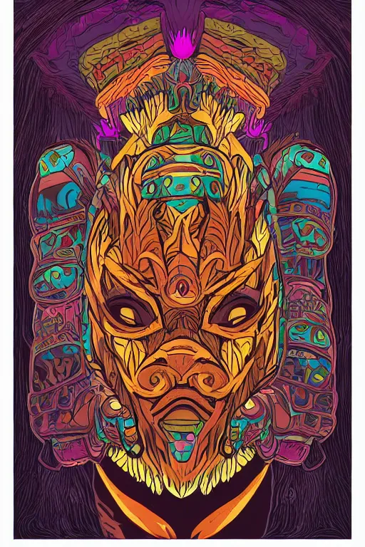 Image similar to animal mask totem roots flower tribal feather gemstone plant wood rock shaman vodoo video game vector cutout illustration vivid multicolor borderlands comics by josan gonzales and dan mumford radiating a glowing aura