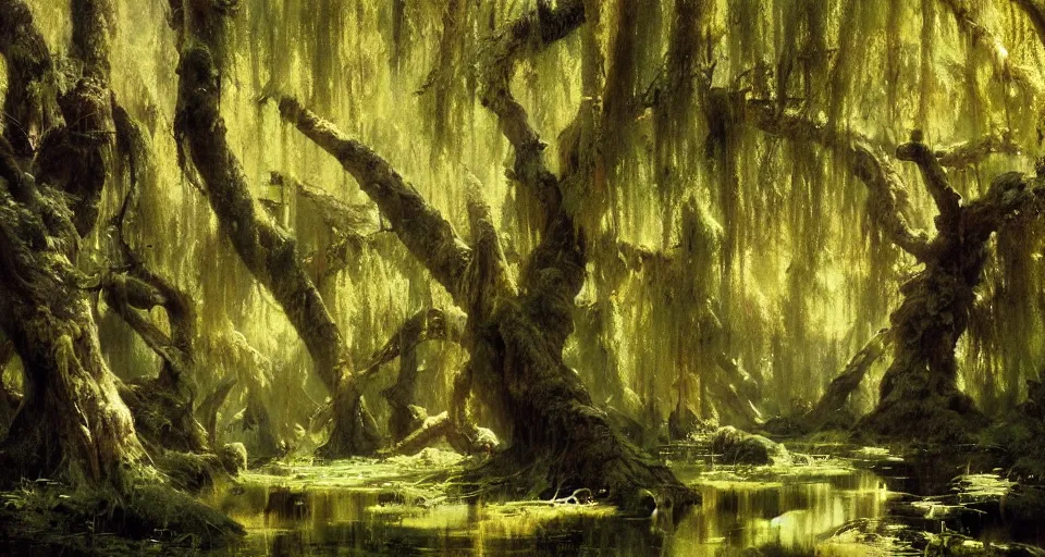 Image similar to ancient willow forest, hemlocks, moss, stream, intricate, vivid colors, elegant, highly detailed, ivan shishkin, john park, frazetta, john howe, ruan jia, jeffrey catherine jones