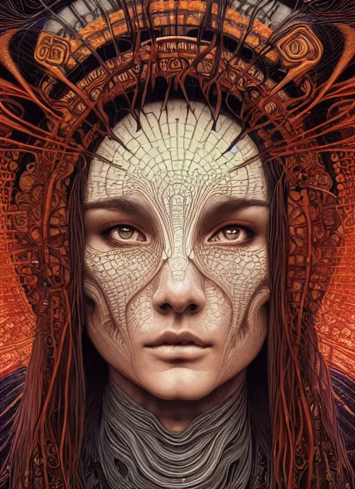 Prompt: ancient beautiful shaman girl face portrait, intricate artwork by josan gonzalez, artgerm, kilian eng, alphonse mucha, junji ito, hugh ferriss, lee madgwick, alex grey and gustave dore, very coherent artwork, cinematic, psychedelic, vibrant, octane render, unreal engine, 8 k, high contrast, black ink outline