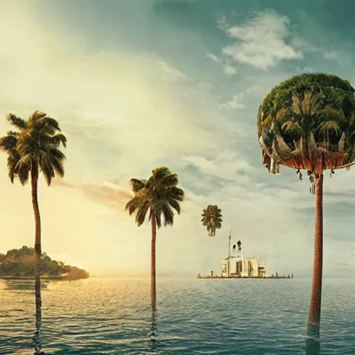 Image similar to a castle surrounded by giant palm trees on a giant floating island in the sky, giant light realistic light bulb glowing in the sky, cinematic, digital art by erik johansson, 8 k resolution, hyper detailed, sharp focus