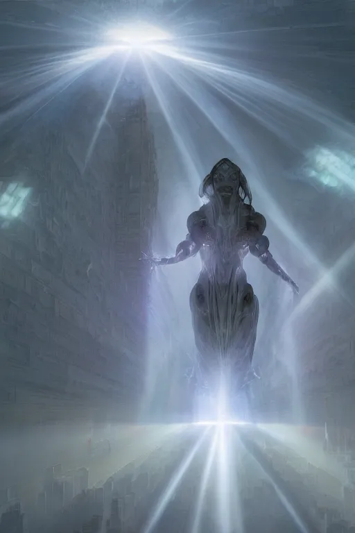 Prompt: godess of artificial intelligence floating above the humanity, sharp focus, god rays, volumetric light, by rozalski, by wayne barlowe, cinematic, light from above, cinematic shot, megalophobia