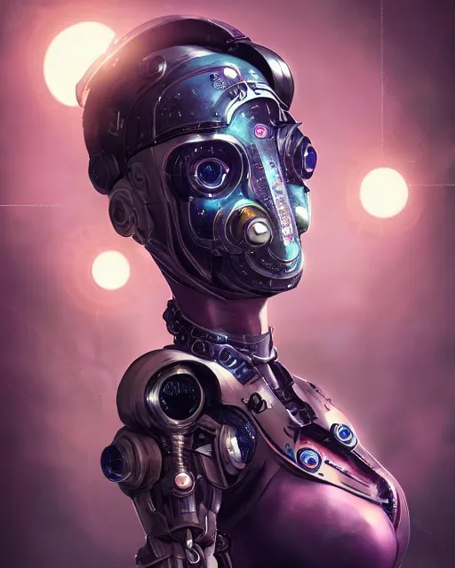 Prompt: a cyberpunk sailor moon with arm tattoos with cybernetic enhancements doing research, detailed mask, scifi character portrait by greg rutkowski, esuthio, craig mullins, 1 / 4 headshot, cinematic lighting, dystopian scifi gear, gloomy, profile picture, mechanical, half robot, implants, steampunk