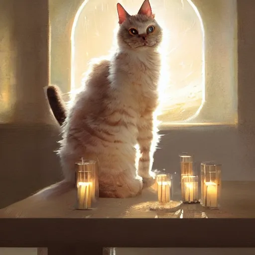 Image similar to Concept art, beautiful painting of a Ragdoll cat, shining its light among candles, 8k, james gurney, greg rutkowski, john howe, artstation