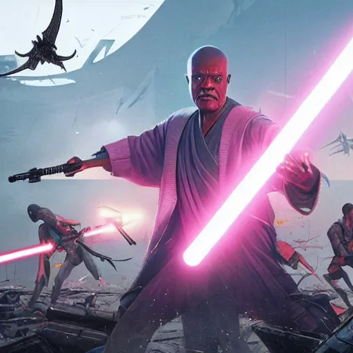 Image similar to mace windu holding a lightsaber fighting a group of pterodactyls in a destroyed cyberpunk city shooting lasers by greg rutkowski