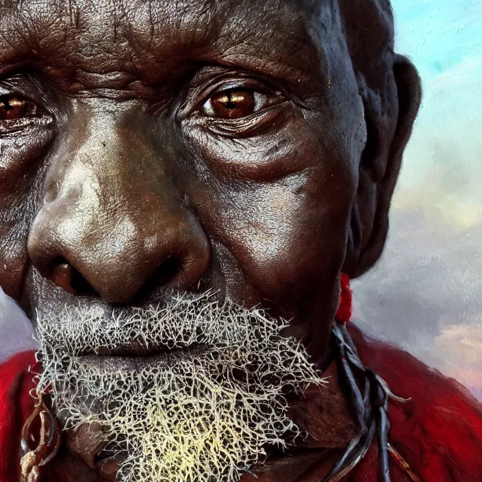 Image similar to a painting of a wise elder from Kenya. dramatic angle, ethereal lights, details, smooth, sharp focus, illustration, realistic, cinematic, artstation, award winning, rgb , unreal engine, octane render, cinematic light, macro, depth of field, blur, red light and clouds from the back, highly detailed epic cinematic concept art CG render made in Maya, Blender and Photoshop, octane render, excellent composition, dynamic dramatic cinematic lighting, aesthetic, very inspirational, arthouse.