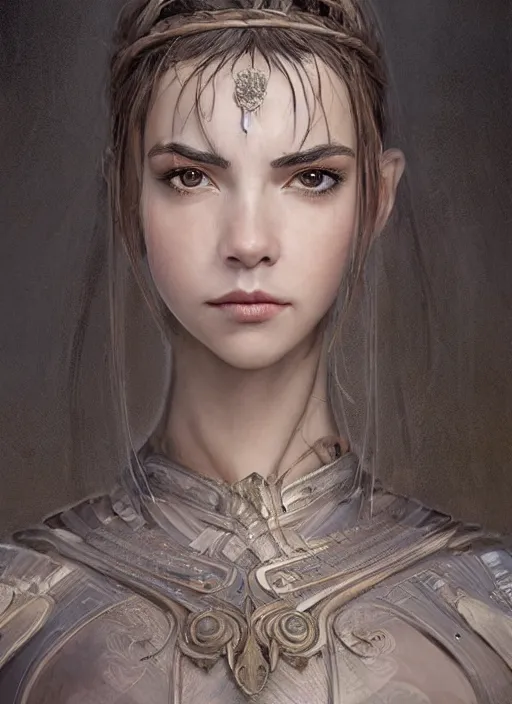 Image similar to a professional portrait of a beautiful young female, clothed in ethereal battle armor, olive skin, long dark hair, beautiful bone structure, symmetrical facial features, intricate, elegant, digital painting, concept art, smooth, sharp focus, finely detailed, illustration, from Valerian and the City of a Thousand Planets, in the style of Ruan Jia and Mandy Jurgens and Artgerm and Greg Rutkowski and William-Adolphe Bouguerea