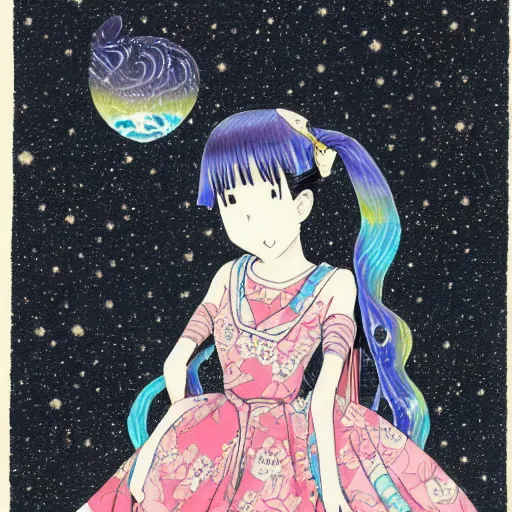 Image similar to a tamura yoshiyasu style drawing of a girl wearing a beautiful dress that has a galaxy and water design, 8 k, highly detailed,