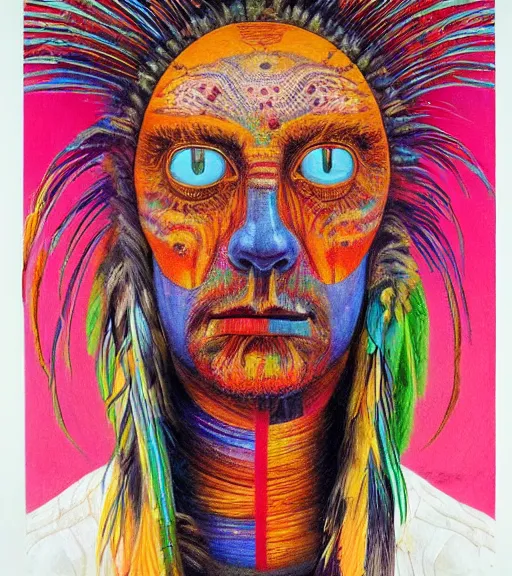 Image similar to Portrait painting in a style of Beksinski mixed with Alex Grey of an old shaman dressed in a colorful traditional clothes. Symmetry