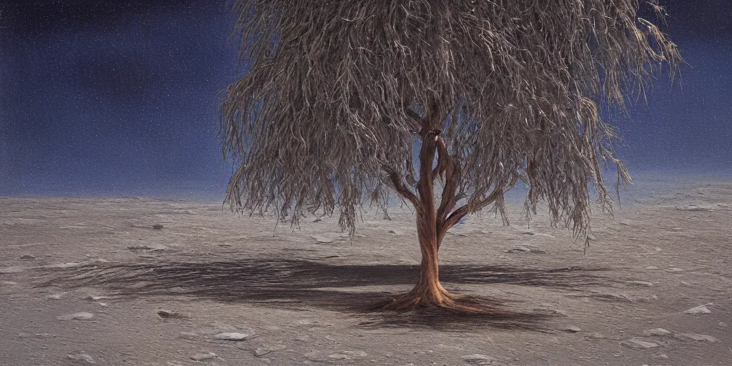 Prompt: a willow tree growing on the moon, award winning photograph, cinematic lighting, detailed oil painting, hyperrealistic, 8k