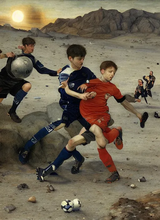 Image similar to a soccer match on the moon by edgar maxence and caravaggio and michael whelan and delacroix style, artistic, intricate painting, cinematic lighting, hyper realistic, extremely detailed, establishing shot, 8 k resolution, dramatic lighting