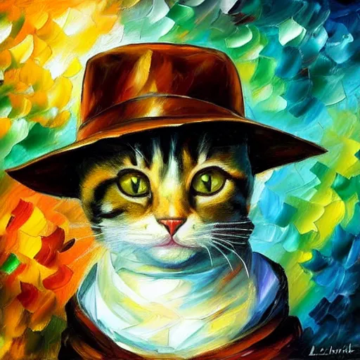 Prompt: portrait painting of a cat as an explorer like Indiana Jones, leather hat by Leonid Afremov