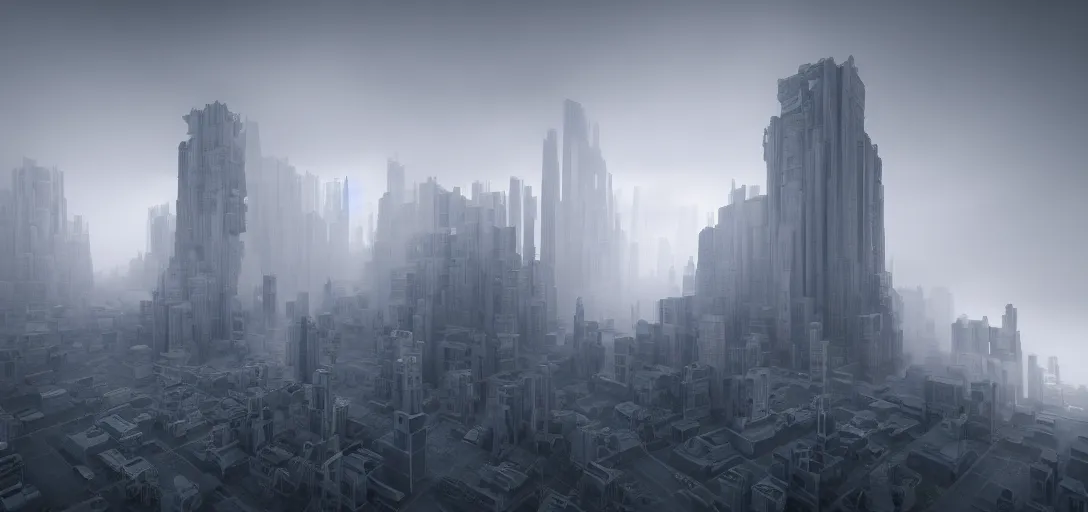 Image similar to dramatic view of giant cuboid megatropolis structure at day, giant towering pillars, colored fog,, unreal engine, dramatic lighting, detailed, ambient occlusion, global illumination, god rays, 3 d artstation render by annibale siconolfi and paul chadeisson