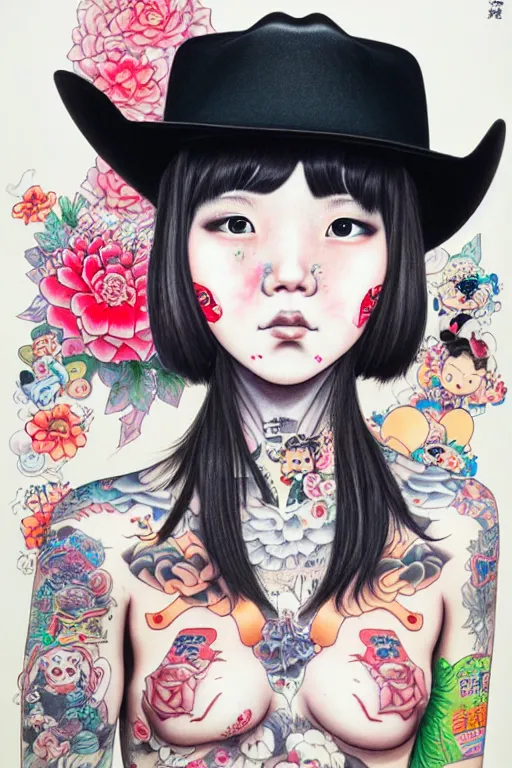 Image similar to full view of girl from taipei with tattoos, wearing a cowboy hat, style of yoshii chie and hikari shimoda and martine johanna, highly detailed